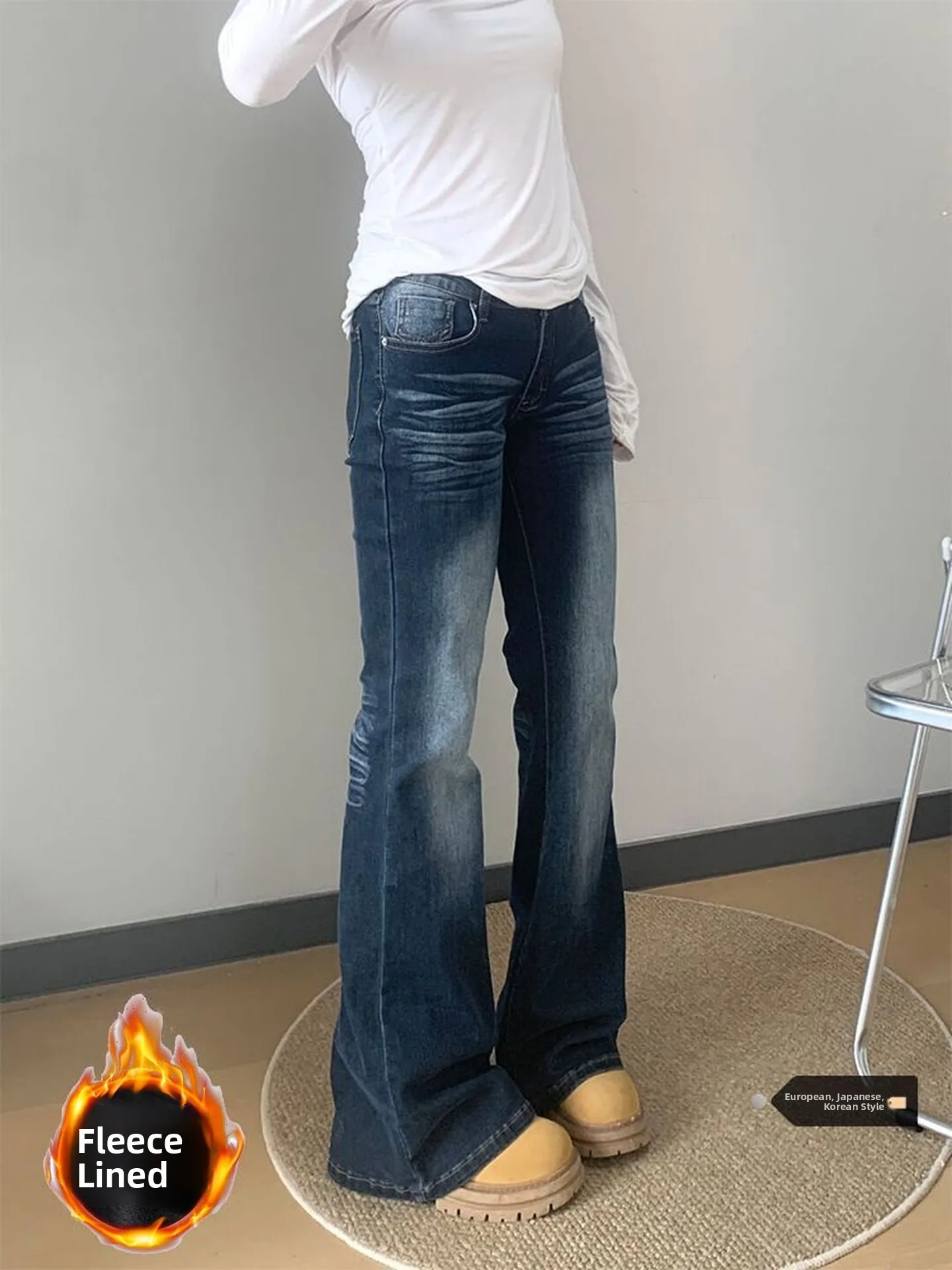 Thiened Fce Lined Bootcut Jeans Women's Autumn Winter Slim Fit High Waist Straight Leg Long Pants Distred Casual Jeans