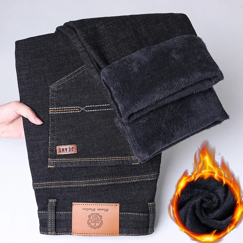 New Winter Men Fleece Warm Jeans Classic Style Business Casual Thicken Velvet Slim Denim Pants Brand Trousers Male Size 28-42