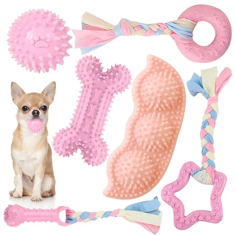 Juguetes para masticar perros para limpiar los dientes, hueso de goma suave rosa, bola divertida, Donut interactivo, juego de golosinas para perros pequeños y medianos, regalos para mascotas