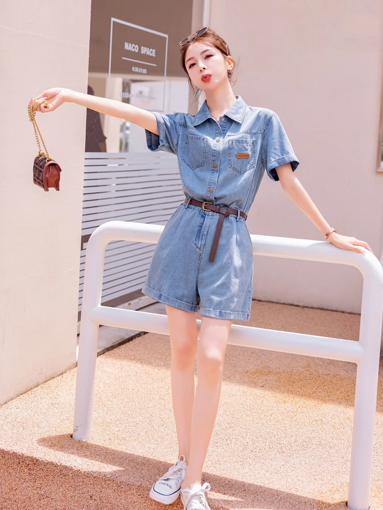 

Faionable Denim One-Piece Suit Women's High Waist Straight Leg ort Pants Cotton Summer New Arrival Ele Small Size