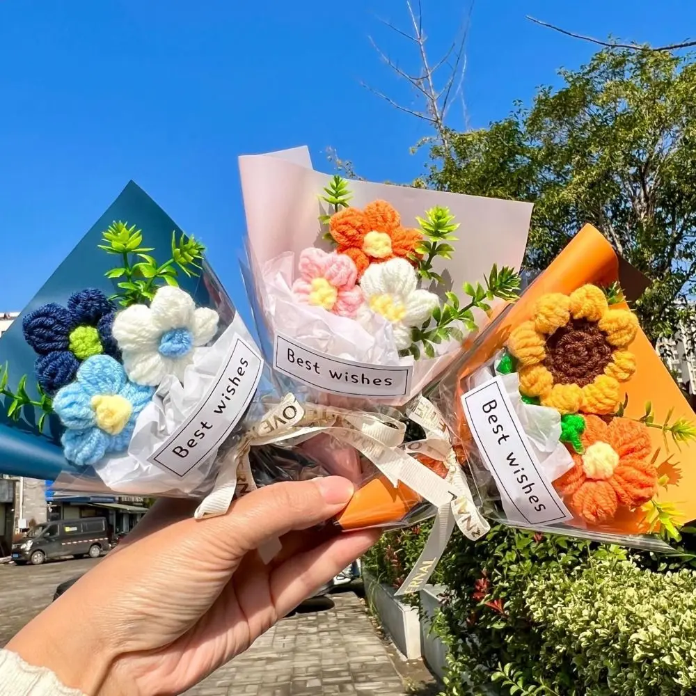 Bouquet de fleurs de décoration, bricolage, tricot tricoté, joli Bouquet de fleurs, dessin animé élégant, Mini Bouquet de fleurs, cadeau pour étudiant