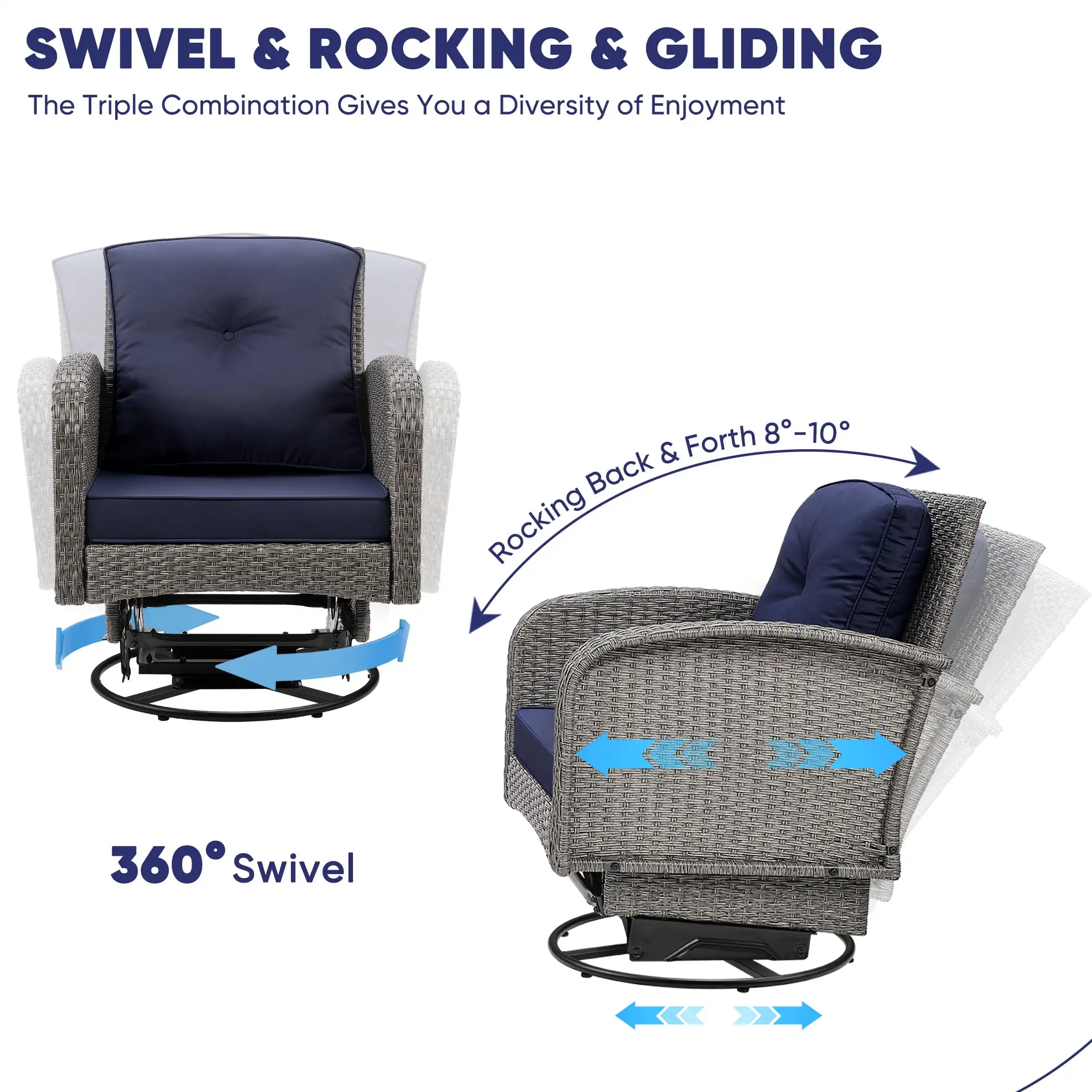 3 Piece Outdoor Bistro Swivel Chairs Set, Patio Bistro Set w/ 360° Swivel Rocking Chairs & Table, All-Weather Conversation Set