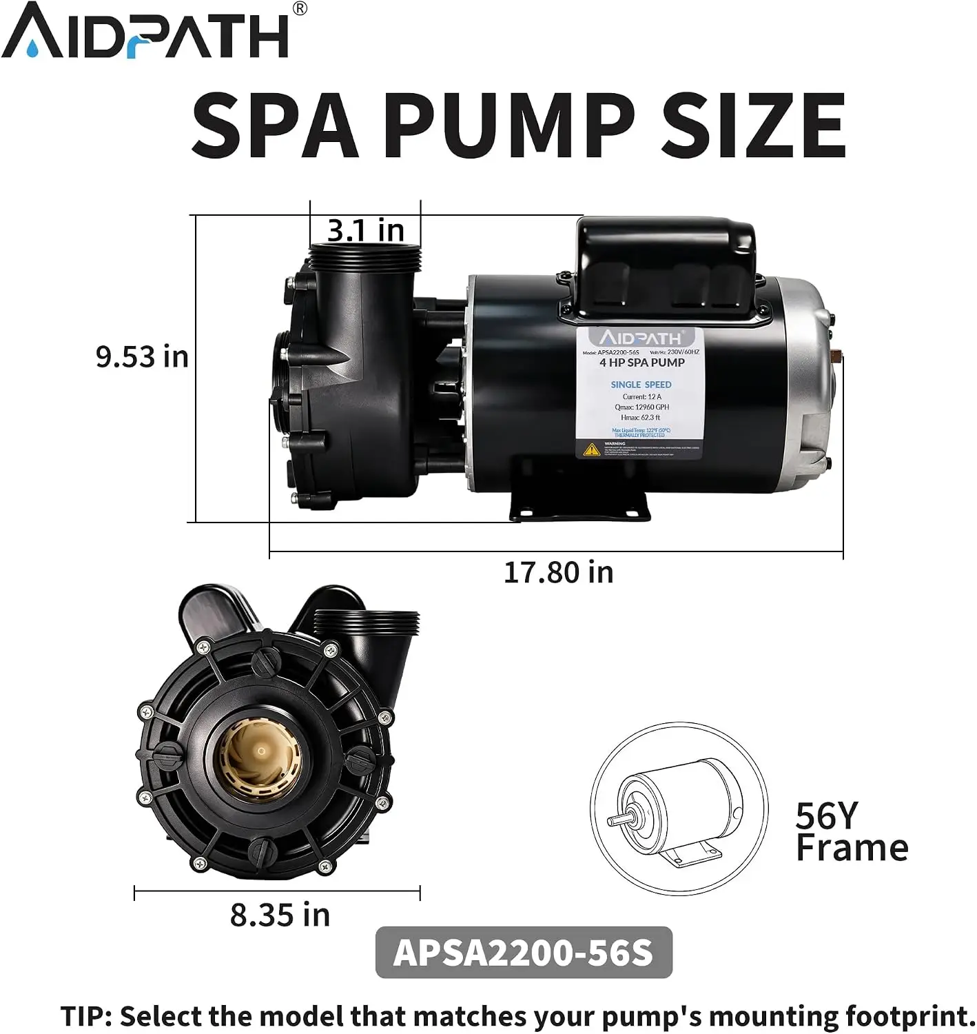 56 Frame, 4HP, 230V Hot Tub Spa Pump with 1.5”&2” Union Fitting Kit