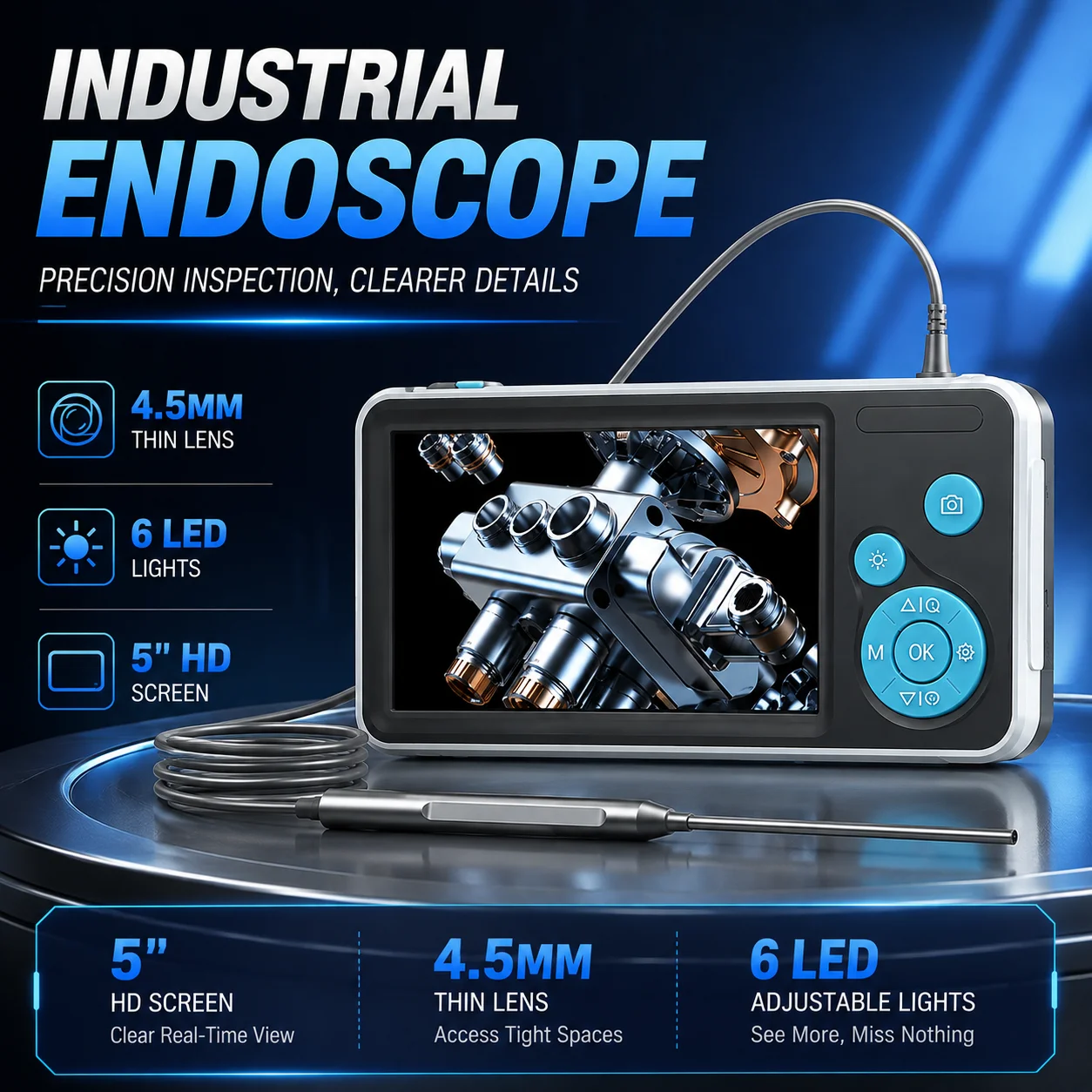 Handheld Industrial Endoscope 5 Inch IPS HD 1080P,4.5mm Probe Adjustable LEDs 1M Cable for Auto Plumbing Inspection