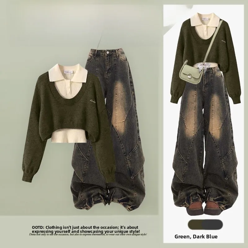 

Ele Autumn Faion Women's Tee-Piece Set Vintage Slimming Jeans Sweater Base irt Combo High-End Feeling Anti-Aging
