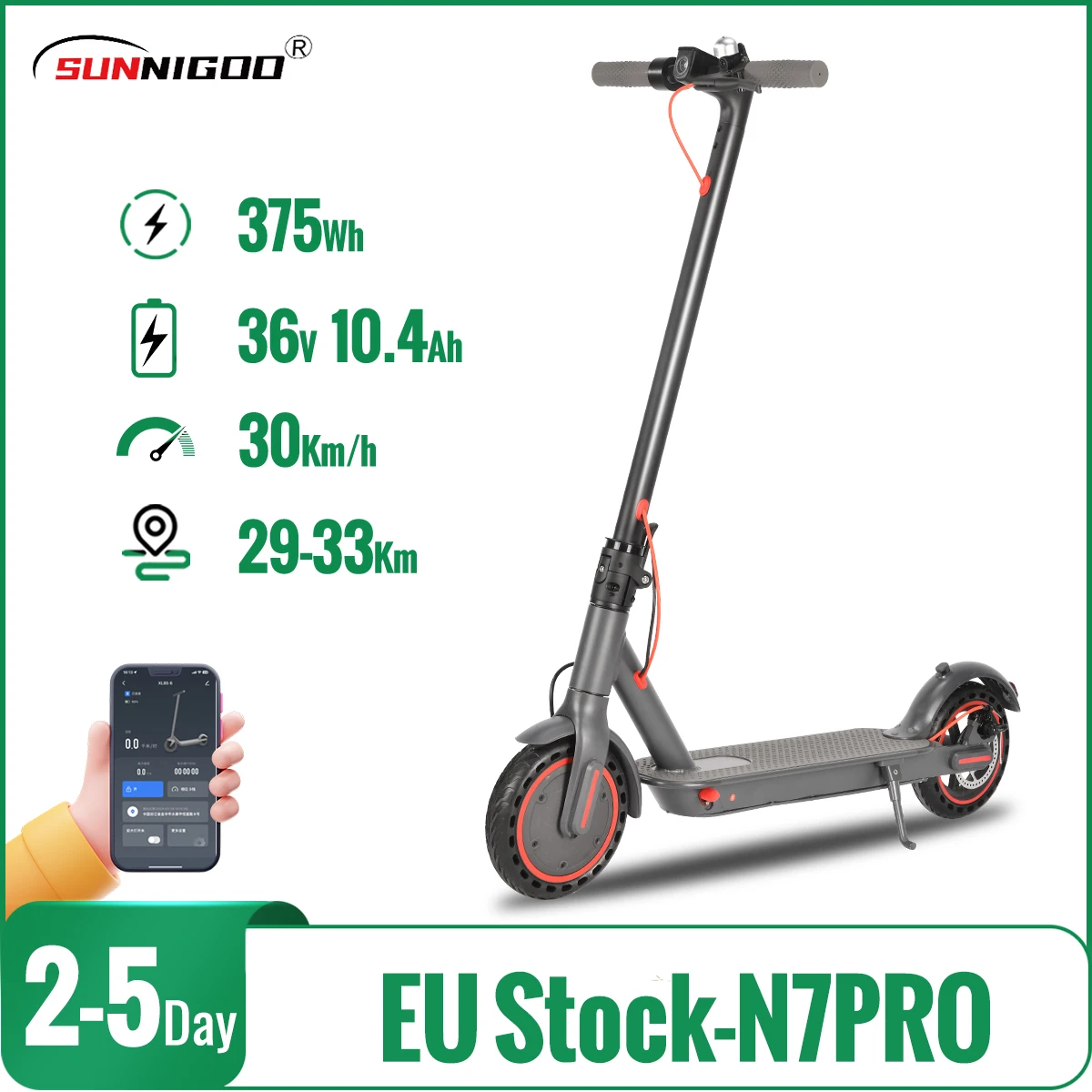 Trottinette électrique pliable SUNNIGOO Urban Commuting Escooter N7PRO 350W en alliage d'aluminium, pneus de 8,5 pouces, batterie lithium 36V 10,4Ah avec application, trottinette pour adultes,