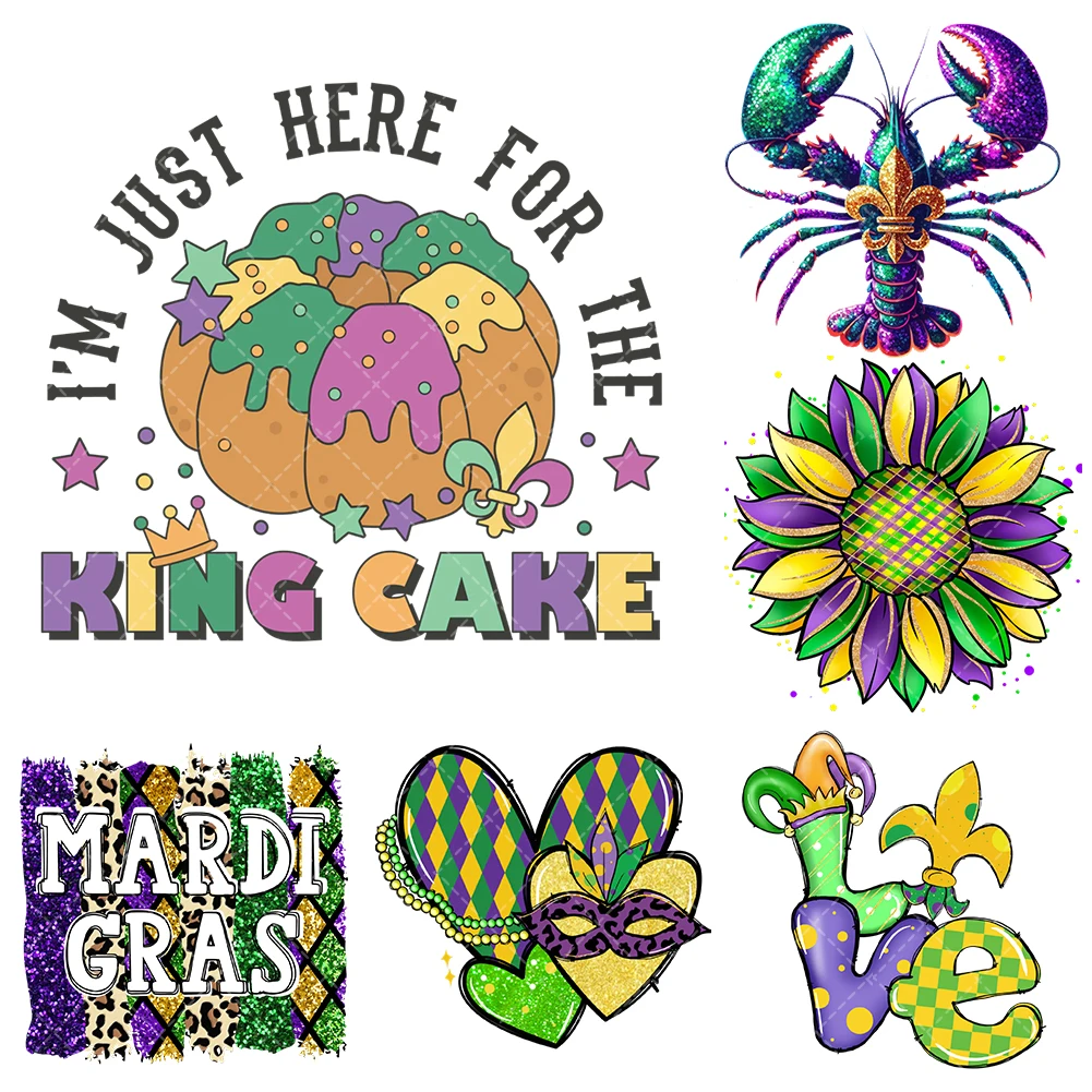 New Mardi Gras Iron On Heat Transfer Stickers For Clothes DTF Pinted Vinyl Thermal Appliques Washable T-Shirt Decal