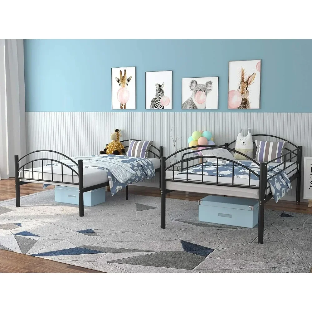 Metal Bunk Beds Frame Twin Over Twin, Convertible Into 2 Individual Metal Bed Frame, Removable Ladder & Safety Guard Rail, Bed