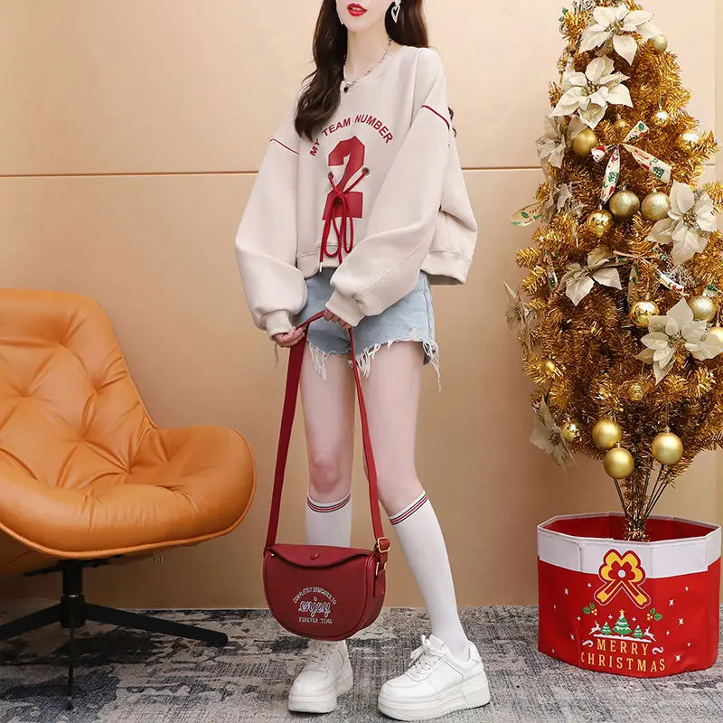 Women Clothing Pullovers Sweatshirts Casual Korean Fashion Loose O-neck Printing Long Sleeve Temperament Cute Lively Refreshing