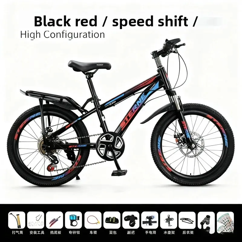 

Children's Bicycle Black And Red Variable Speed with Disc Brake Shock Absorption High Config Boys And Girls 6-8 Years with Baske