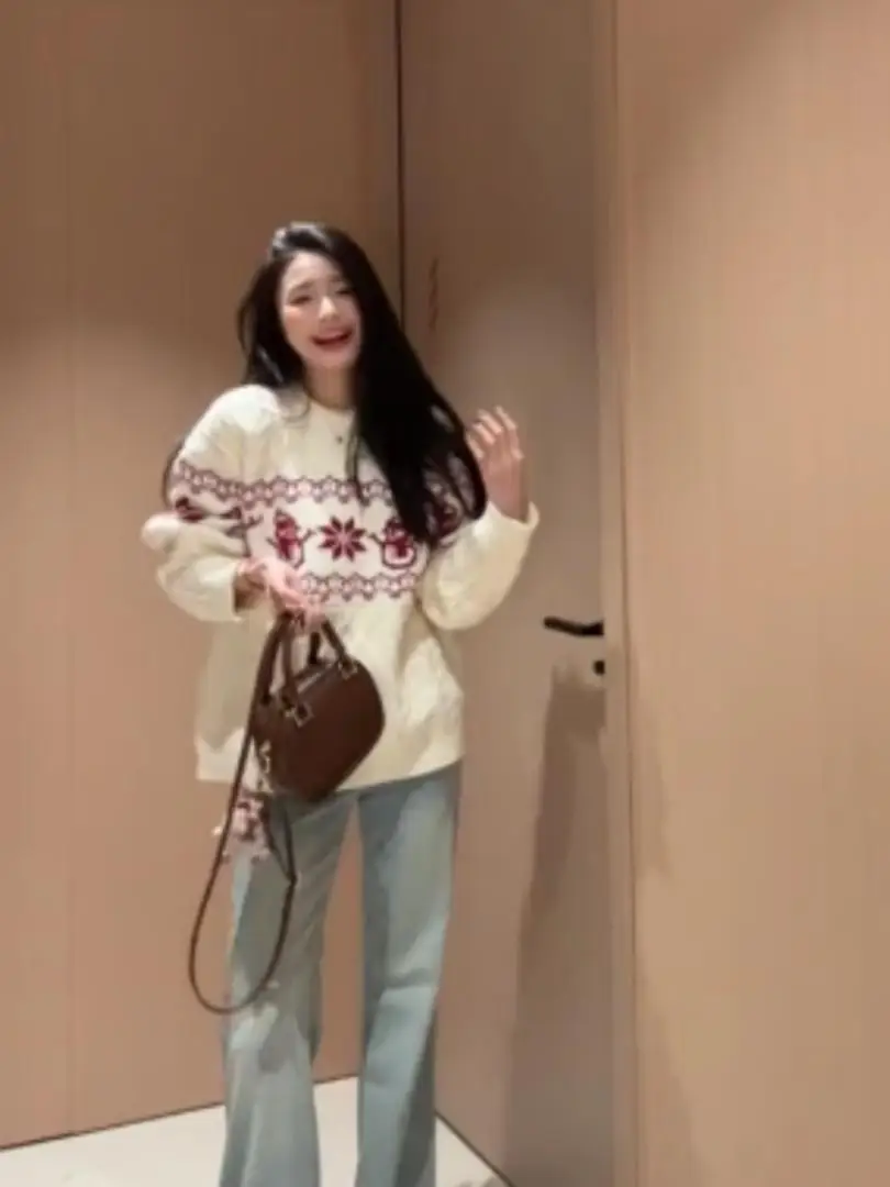 Cisas Aosphere Fair Isle round Ne Maglione da donna sciolto Thi Lazy lavorato a maglia irt Retro Top caldo soffice lungo Sve