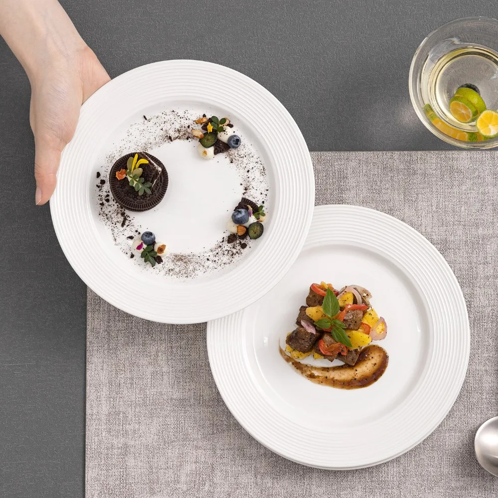 2PCS Japanese-Style Ceramic Straw Hat Plate Under-glaze Painting Round Dessert Dish Threaded Pattern White Dinner Plate