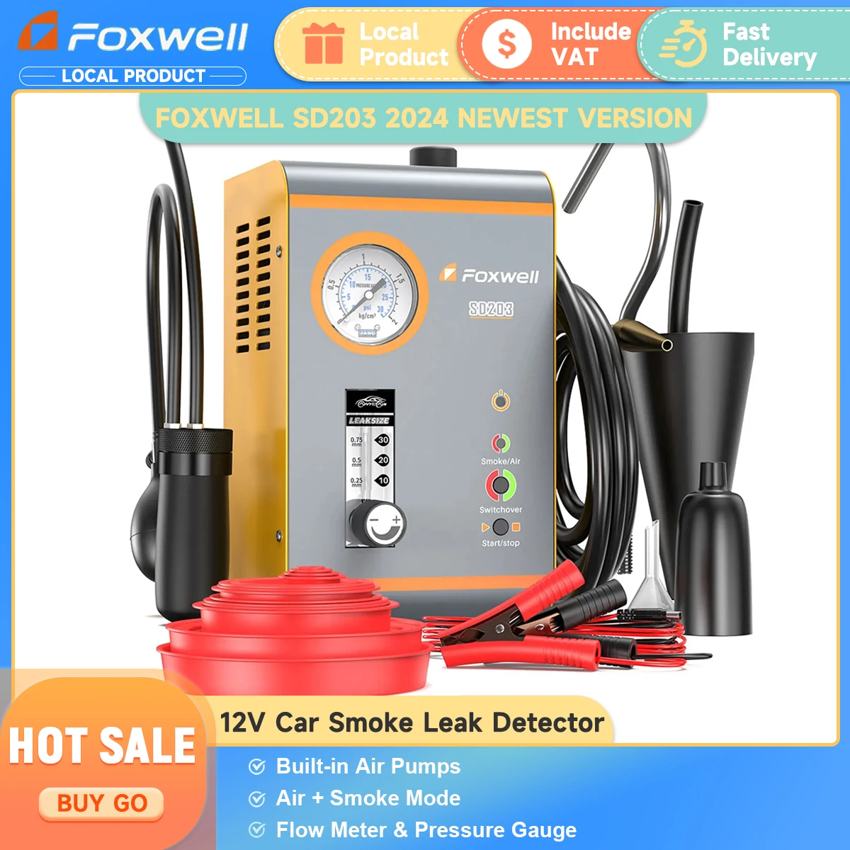 FOXWELL SD203 Car Smoke Leak Detector Machine Built-in Air Pump EVAP Vacuum Leak Detector Dual Mode Oil Pipe Leakage Diagnosis