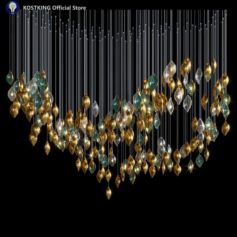 Custom Chandelier Luxury Designer Gold Green Ceramic Petal Pendant Light Project Lightings