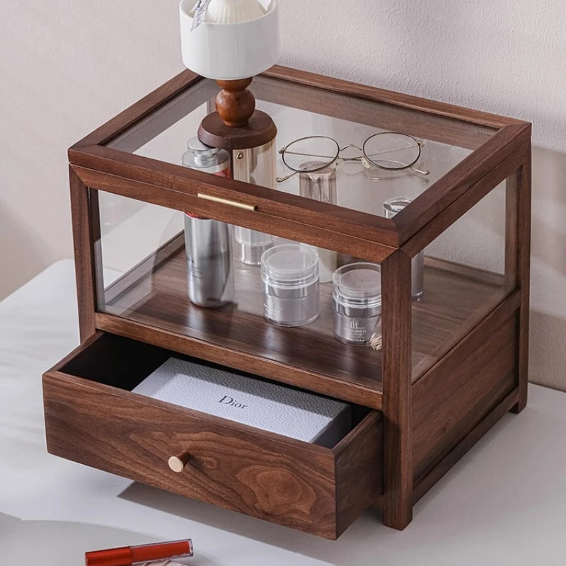 North American Walnut Tea Storage Box, Solid Wood Organizer with Tempered Glass Lid, Large Capacity Display Cabinet