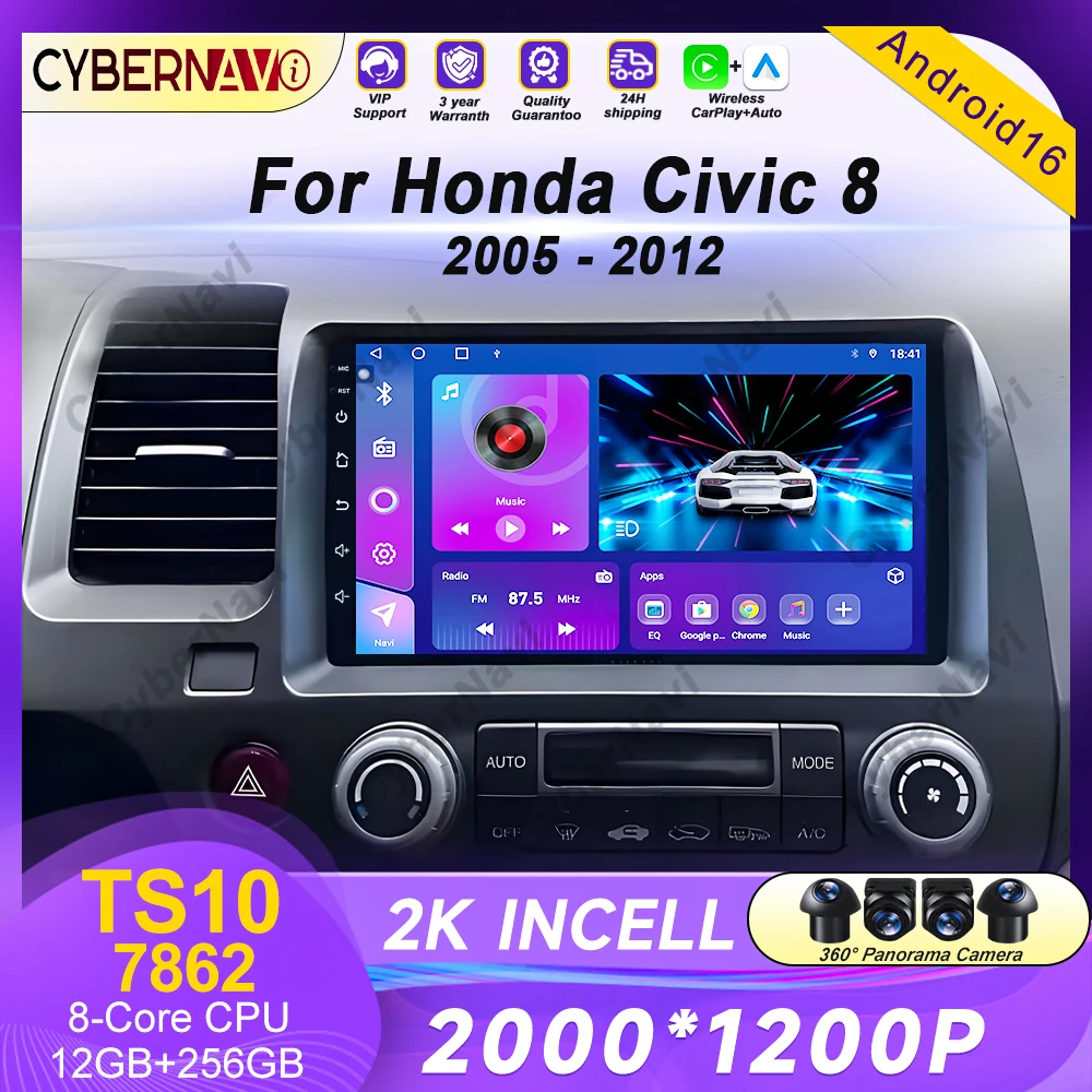 Android 16 para honda civic 8th 8gen 2005 2006 2007 2008 2009 2010 2011 rádio automático estéreo navegação gps multimidia player tela