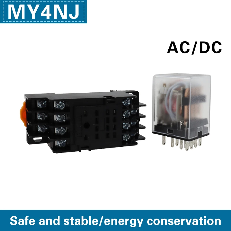 1 set of white MY4NJ plug-in relay PYF14A 6v 12v 24v 36v 48v 110v 220v DC/AC 5A silver contact 14 pin 4PDT release socket