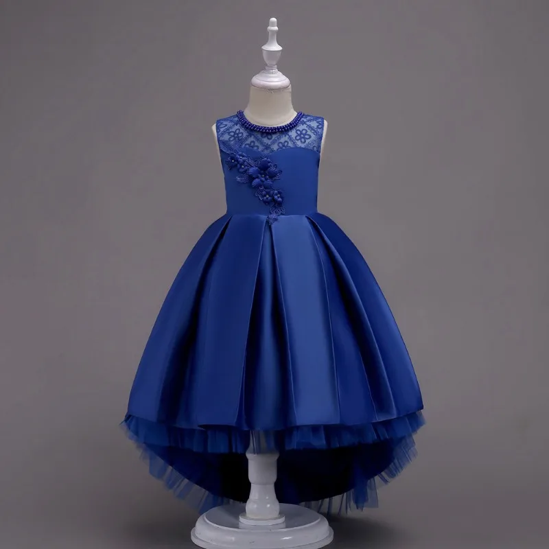 Robe de printemps et d'été pour enfants, queue de princesse, performance d'hôte, fleur, monochromatique, col rond, robes de fille