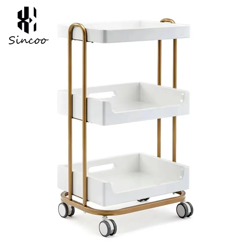 Luxury Foldable Modern Salon Trolley Pulleys Three-layer High Load-bearing Stainless Steel Bracket Home Office Warehouse Use