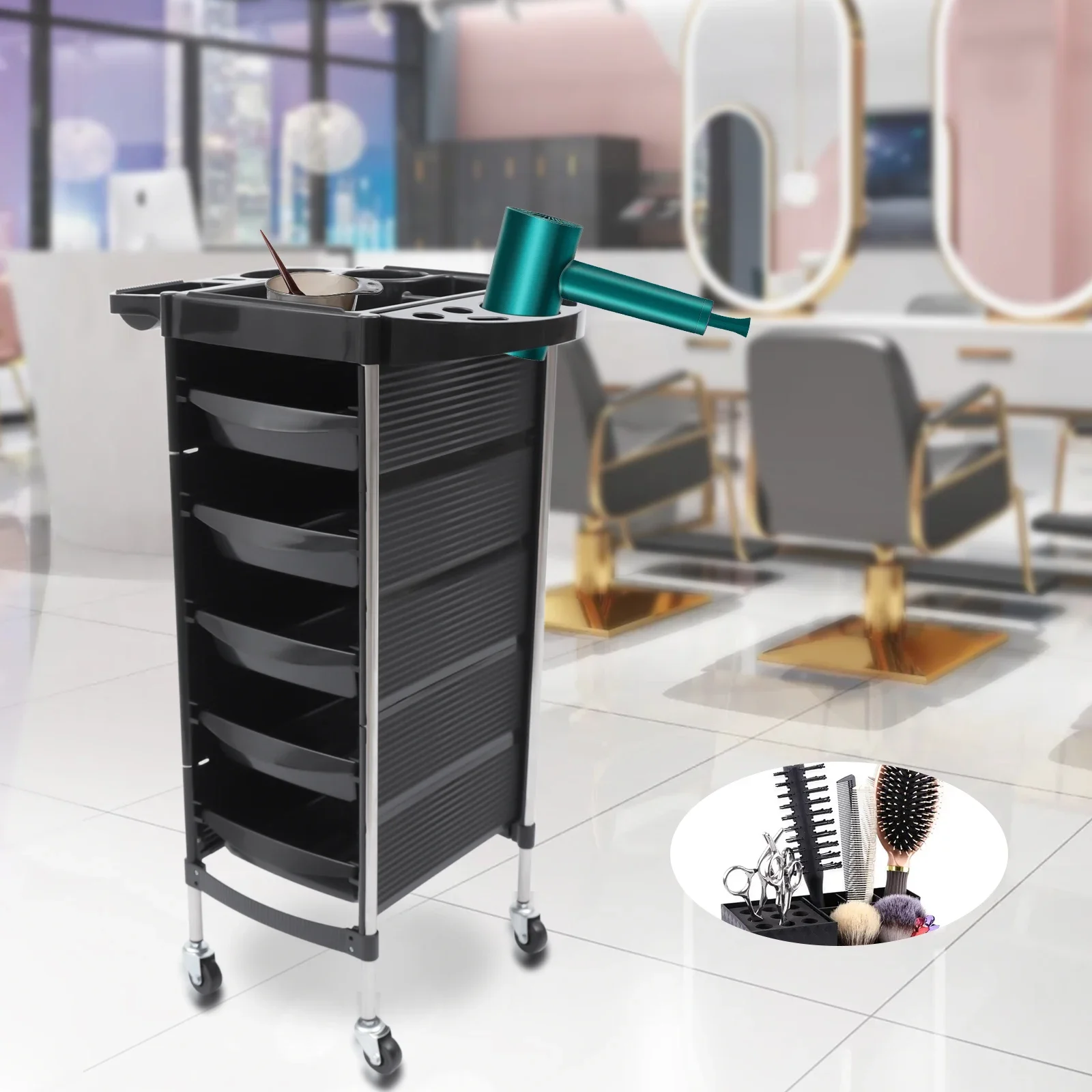 

Space-saving Salon Trolley Rolling Hairdressing Storage Cart Drawers