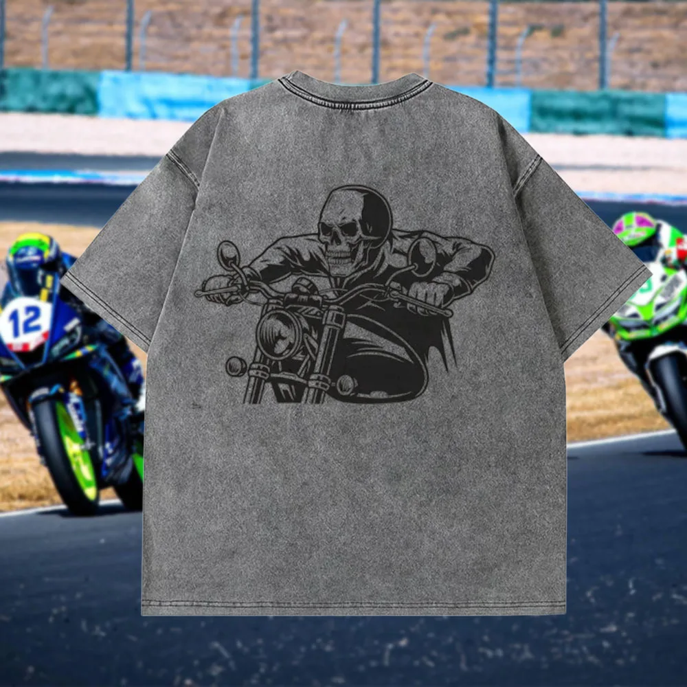 

100% Pure Cotton Men's Washed Cotton Motorcycle T-Shirt New Breathable Sweat-Absorbent Casual Fashion Loose Short Sleeve