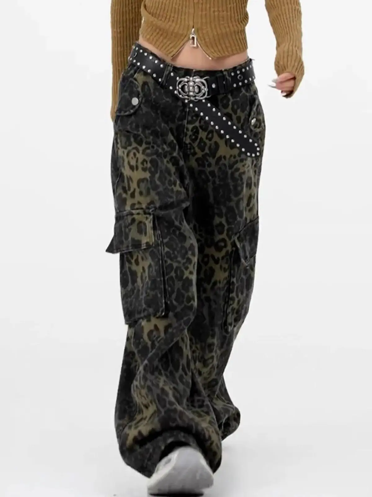 Y2K Women Denim Work Pants High Waist Wide Leg Leopard Print Large Pocket Trousers Retro Vintage Fashion Casual Streetwear