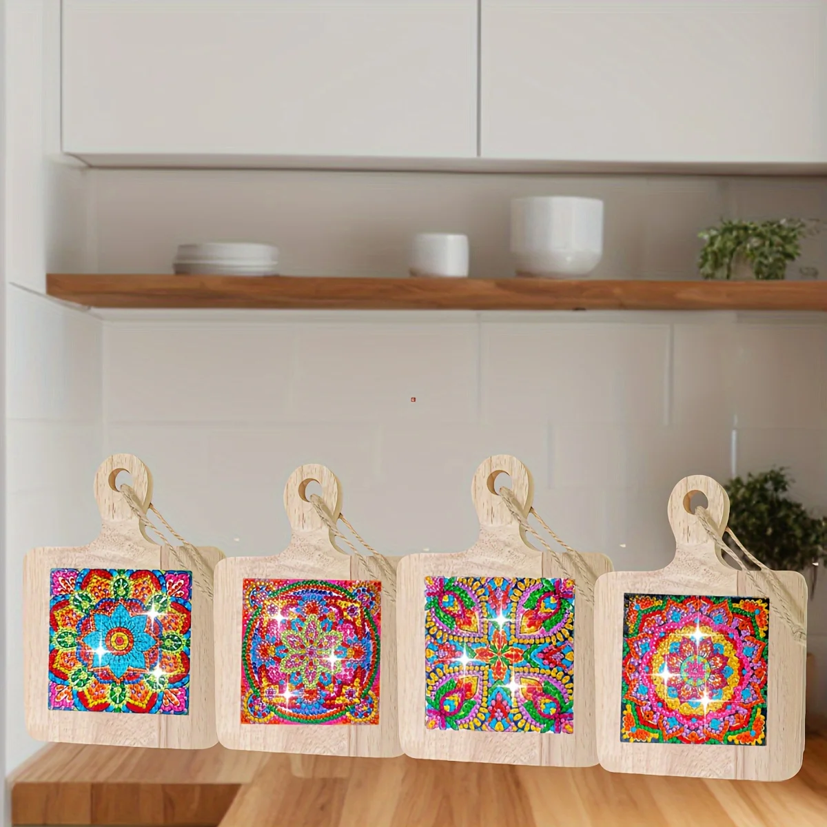 4 قطعة الوقايات كأس اللوحة الماسية خشبية ملونة ماندالا نمط مقاومة للحرارة شرب الحصير ديكور مطبخ المنزل فريد اليدوية #2