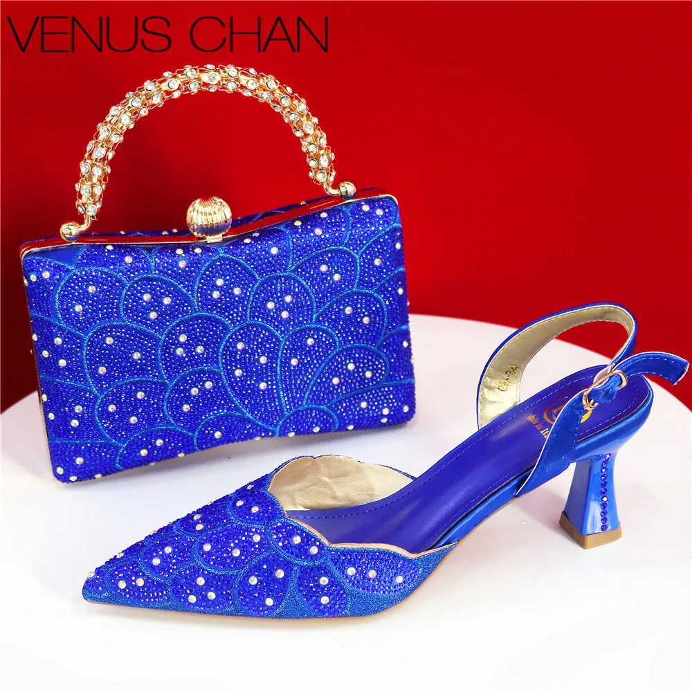 Pointed Top Grace Elegant Royal Blue Rhinestone Low-Heel Shoes & Handbag Set – Luxury Wedding & Party Accessories