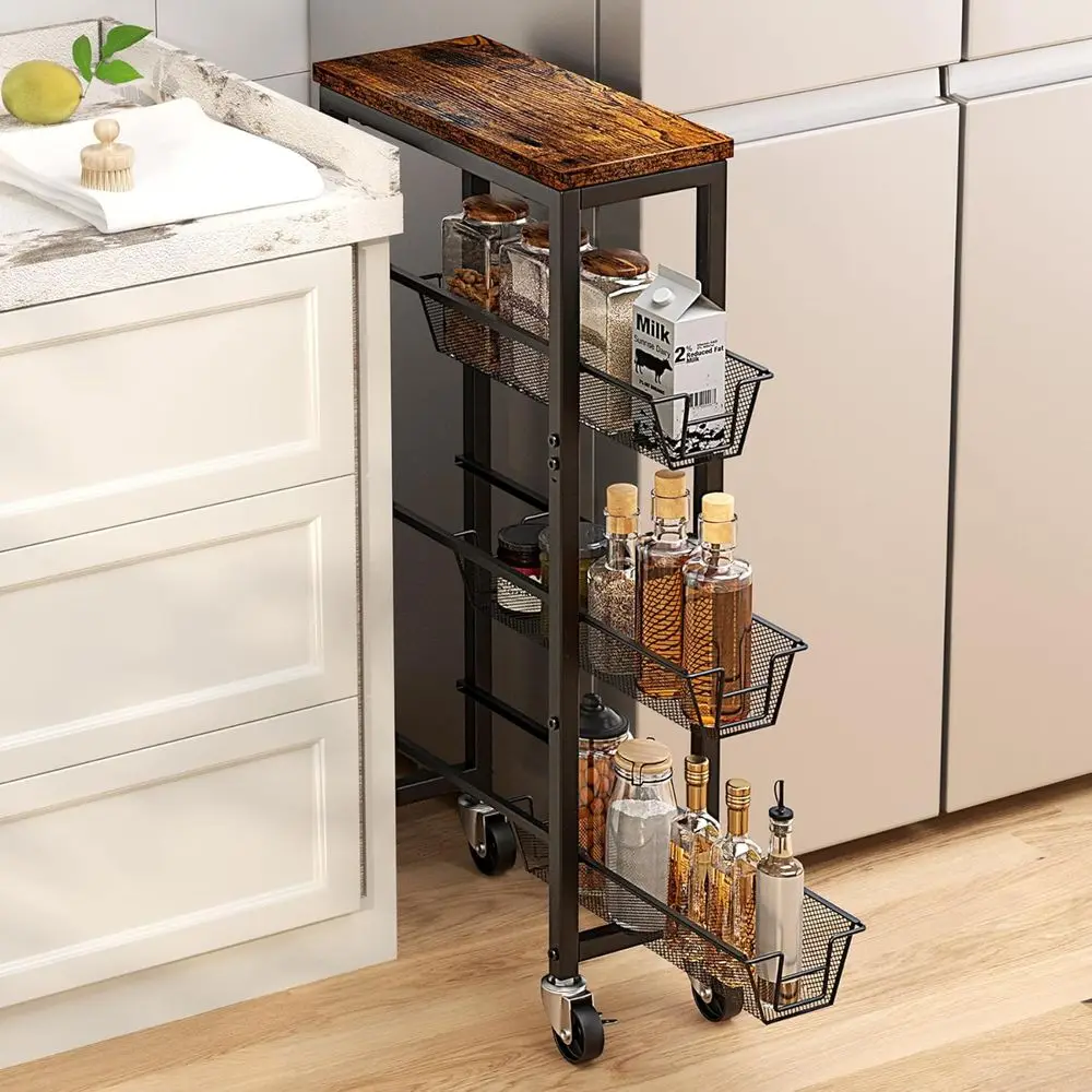 

est Slim Storage Cart 4-Tier Slim Rolling Cart with Metal e and Wooden Top, 6.3 Inches, Storage Cart or Kitchen, Dining Room, Li