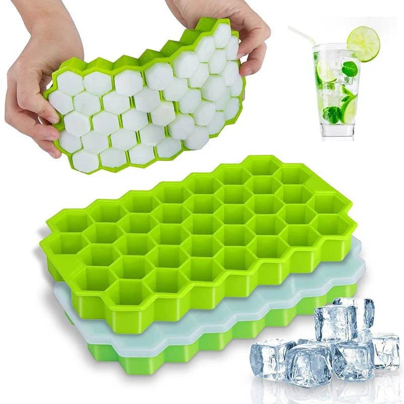 Silicone Ice Tray 37 Grids Hexagonal Ice Cube Mold With Cover Cellular Mesh Stackable DIY Ice Mold Reusable Food Grade Kitchen