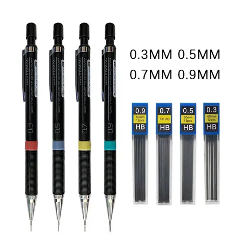 0.3/0.5/0.7/0.9mm Mechanical Pencil with Lead Rods Set Mechanical Pencil for School Writing Art Drawing Supplies Stationery