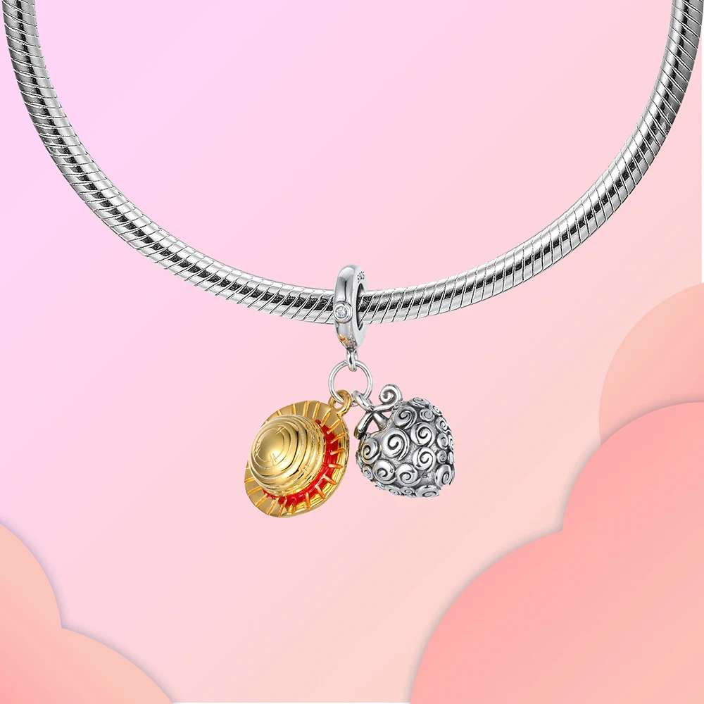 Abalorio de plata de una pieza para pulsera Pandora Original, sombrero de paja y fruta ardiente, joyería para mujer, 925