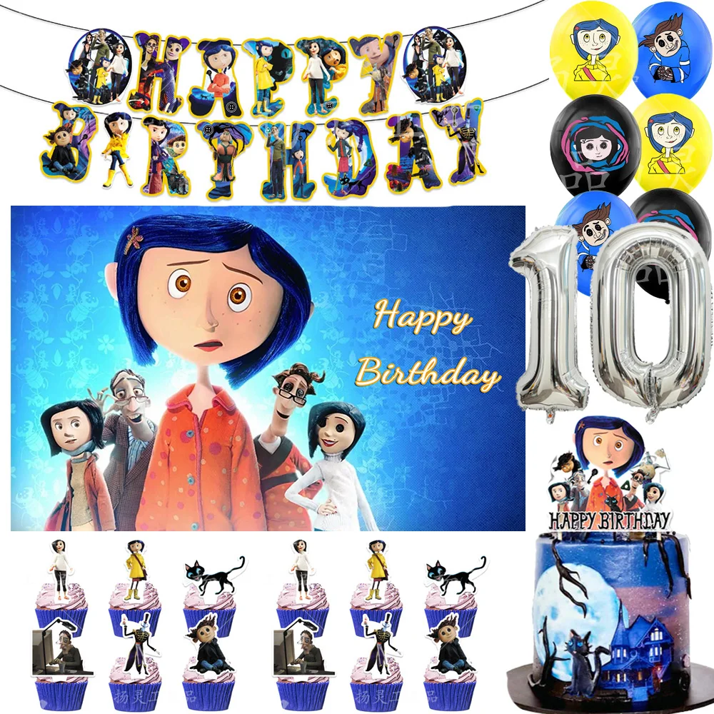 

Horror Cartoon Theme Birthday Party Decorations Number Balloon Cake Topper Anime Backdrop Baby Shower C-Coralined Party Supplies