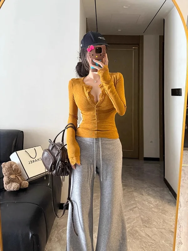 

plus Size Long Sve Fce f Collar T-irt Women Winter Lace Splice Slim Fit Base irt Top Korean Sle Commute Sle