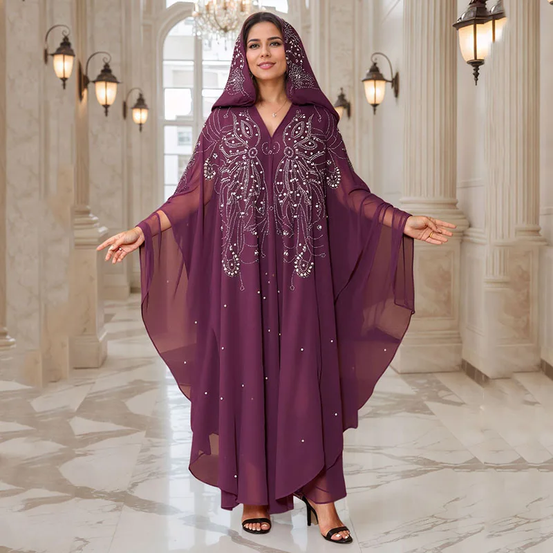 

2025 New Kaftan Cardigan Chiffon Long Robe Lady Eid Muslim Dress for Women Bat Sleeve Abaya Luxury Diamond Flower Party Dresses