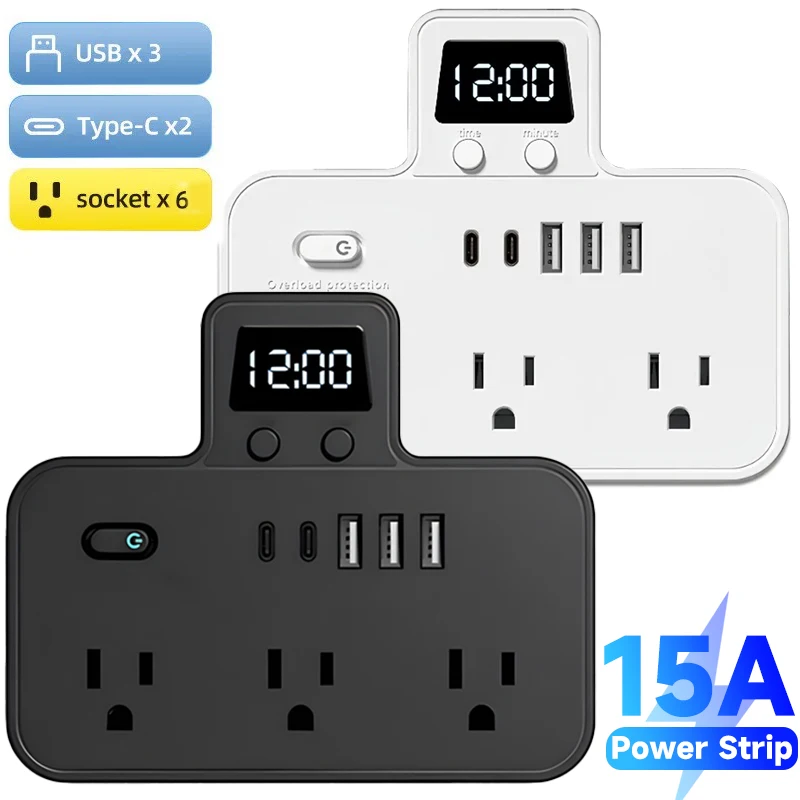 US Power Strip 6 Outlets 5 USB Type C Ports Electrical Socket Extension Cord USB C Ports Fast Charging Network Filter Adapter