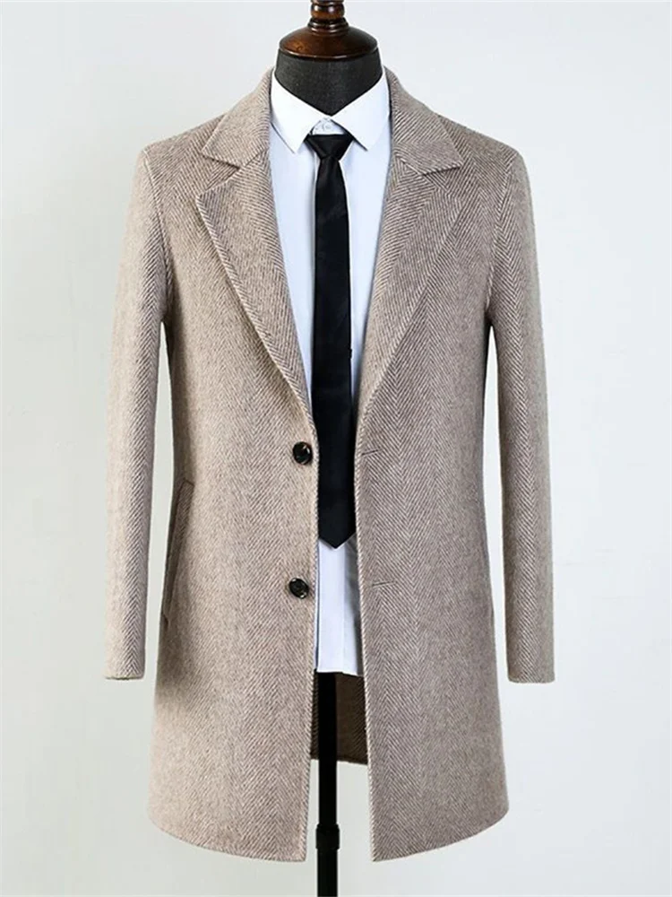 

Flat Collar Men's Coat Autumn Winter Mid-Length Herringbone Single-Breasted Blazer Wool Blend Slim Fit Fashion Suit Jackets 2025