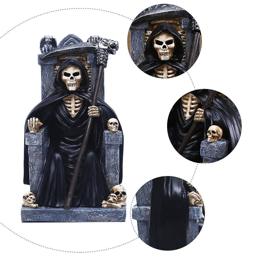 1Pcs Skull Head Throne Resin Decor Halloween Decoration Grim Reaper Sculpture Party Tabletop Ornament Gift Skull Throne Decor
