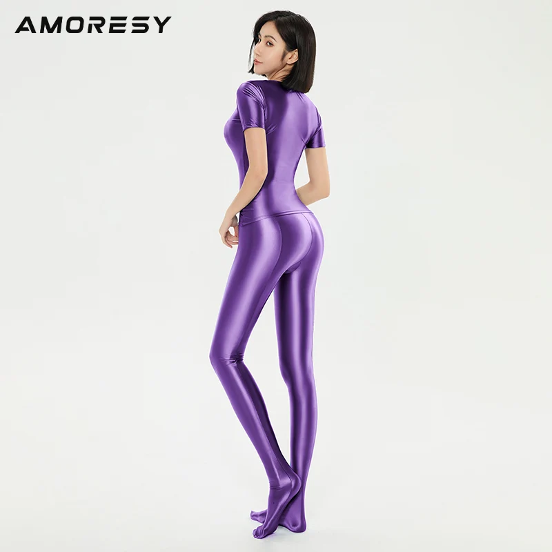 AMORESY electa series color half sleeve shiny silky elastic bottomed Tight Sexy T-shirt