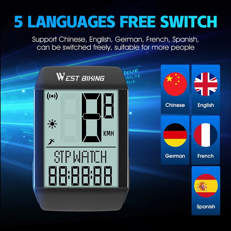 WEST BIKING 5 Language Bicycle Computer Waterproof Wireless Wired Cycling Odometer Auto Wake & Sleep Bike Speedometer Stopwatch