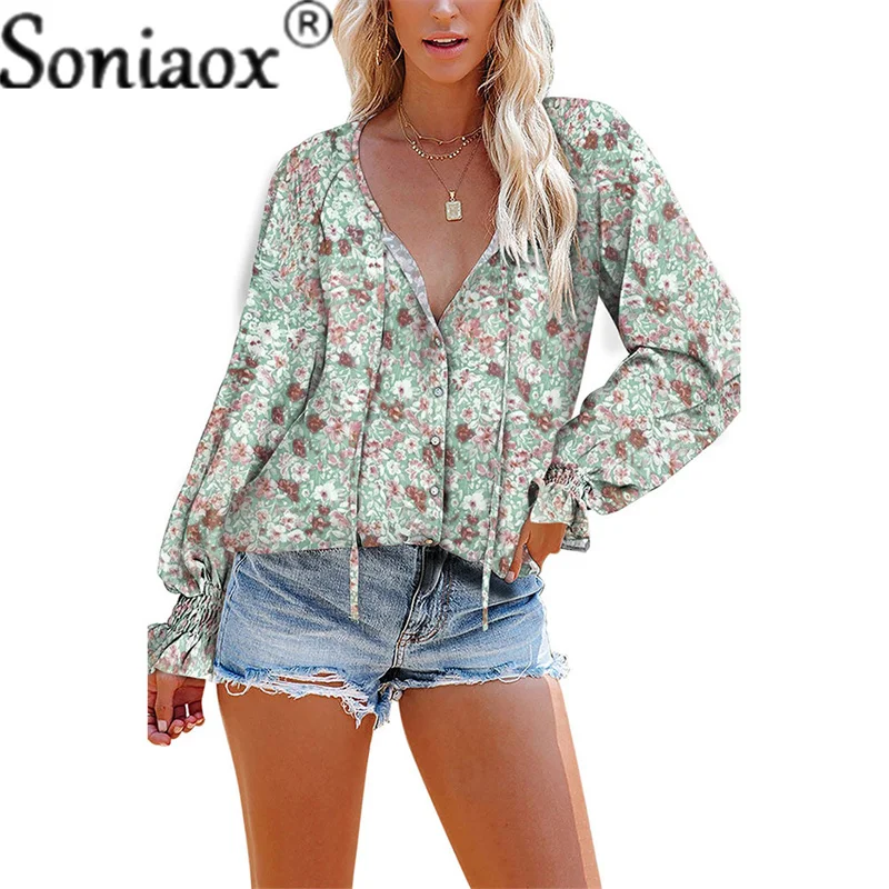 2022 autunno donna camicie larghe con scollo a v stampa floreale Pullover top donna Casual manica con volant camicette in Chiffon con coulisse