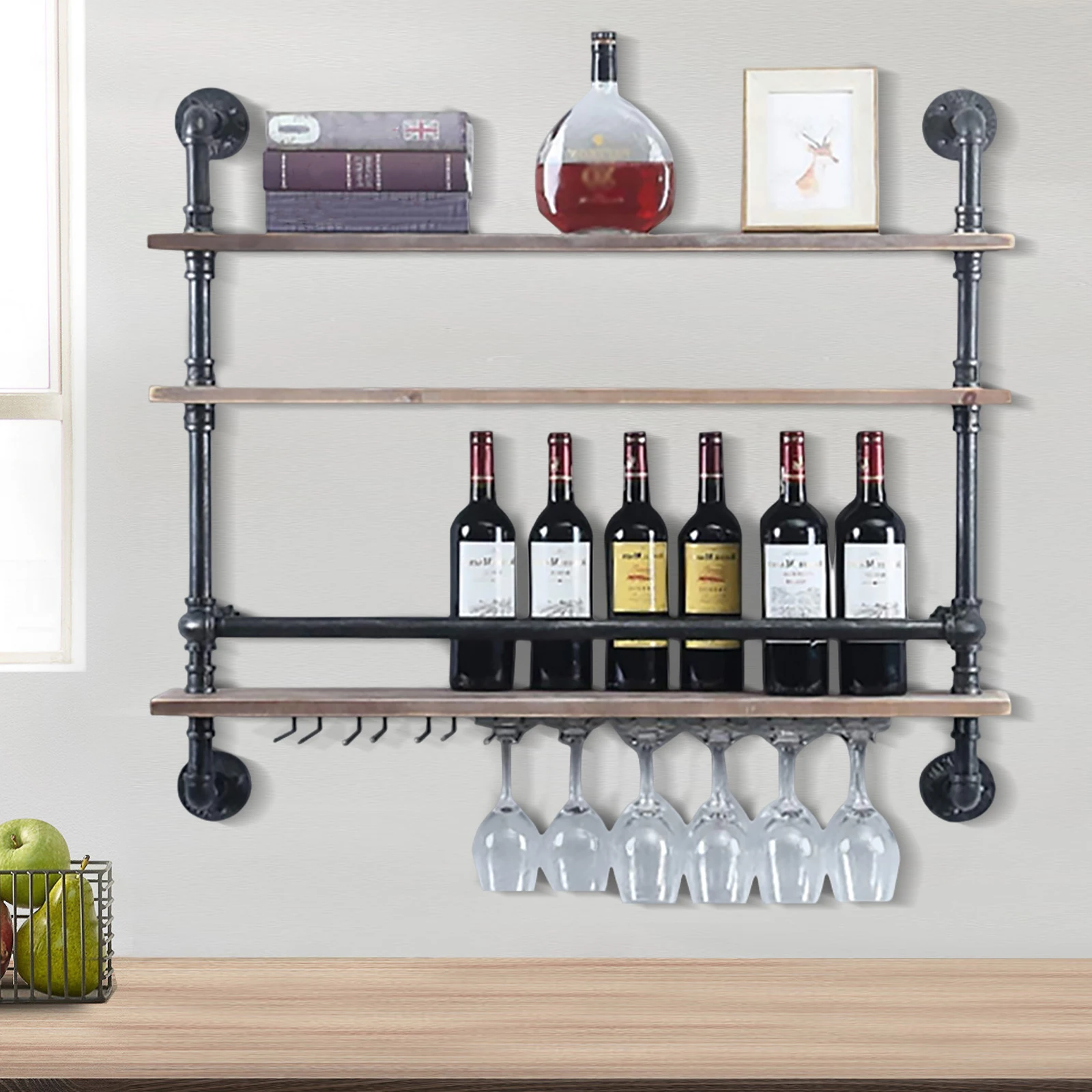 Industrial Wine Rack, Metal Wall Mounted Bottle Holder, Retro Glass Bottle Display Shelf, Hanging Cabinet Home Bar