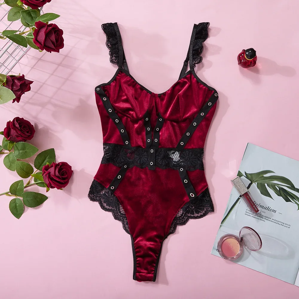 

Vintage Women's Hollow Out Floral Lace Bodysuit Sexy Short Sleeve Slim Fit Stretch Velvet Club Party Body Tops Rompers
