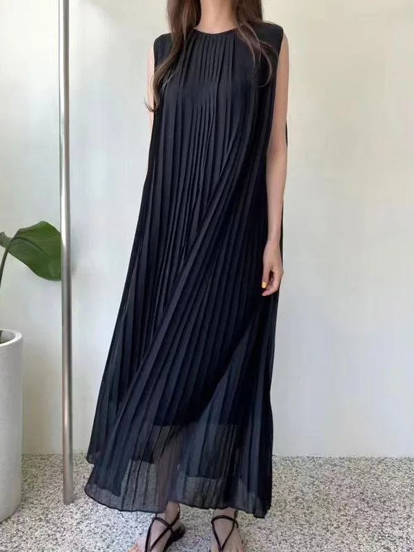 Korean Style Summer New round Neck Black Fashion Pleated Sleeveless Chiffon Vest Dress Elegant Long Dress with Belt