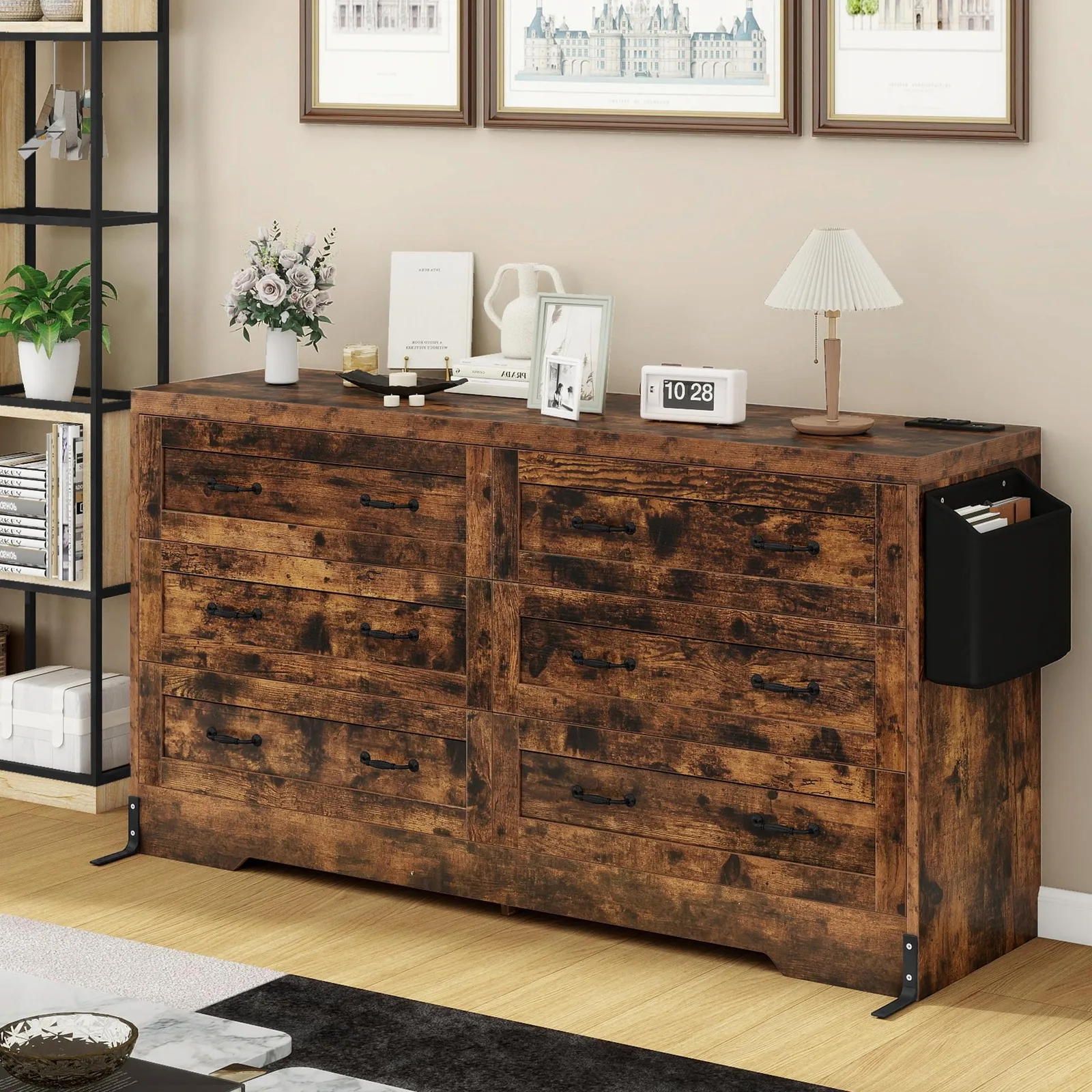 

60 Inch Rustic Brown Large Modern 6 Dresser TV Stand with Drawers & Bar Handles