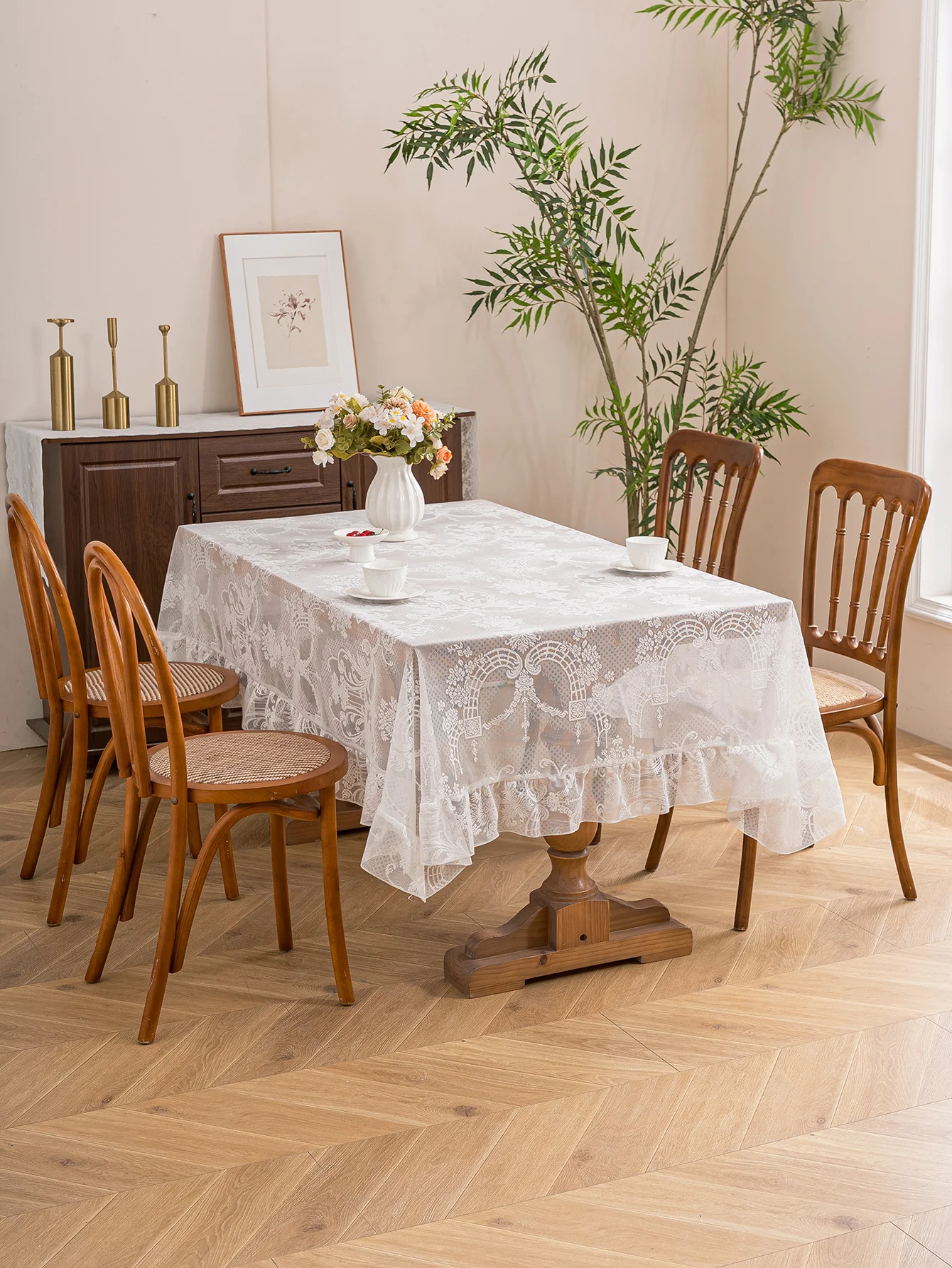 Vintage French Lace Tablecloth, White Semi-Transparent with Floral Embroidery & Ruffle Edge, Decorative Table Cover for Dining,