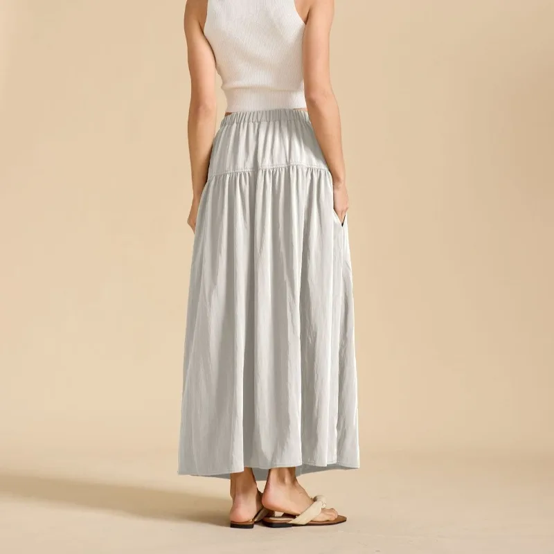 

Breathable Cotton Midi Skirt Women' High Waist Elastic Back Deep Pockets Airy Ruffled Hem Cottagecore Elegance Voluminous Pleats