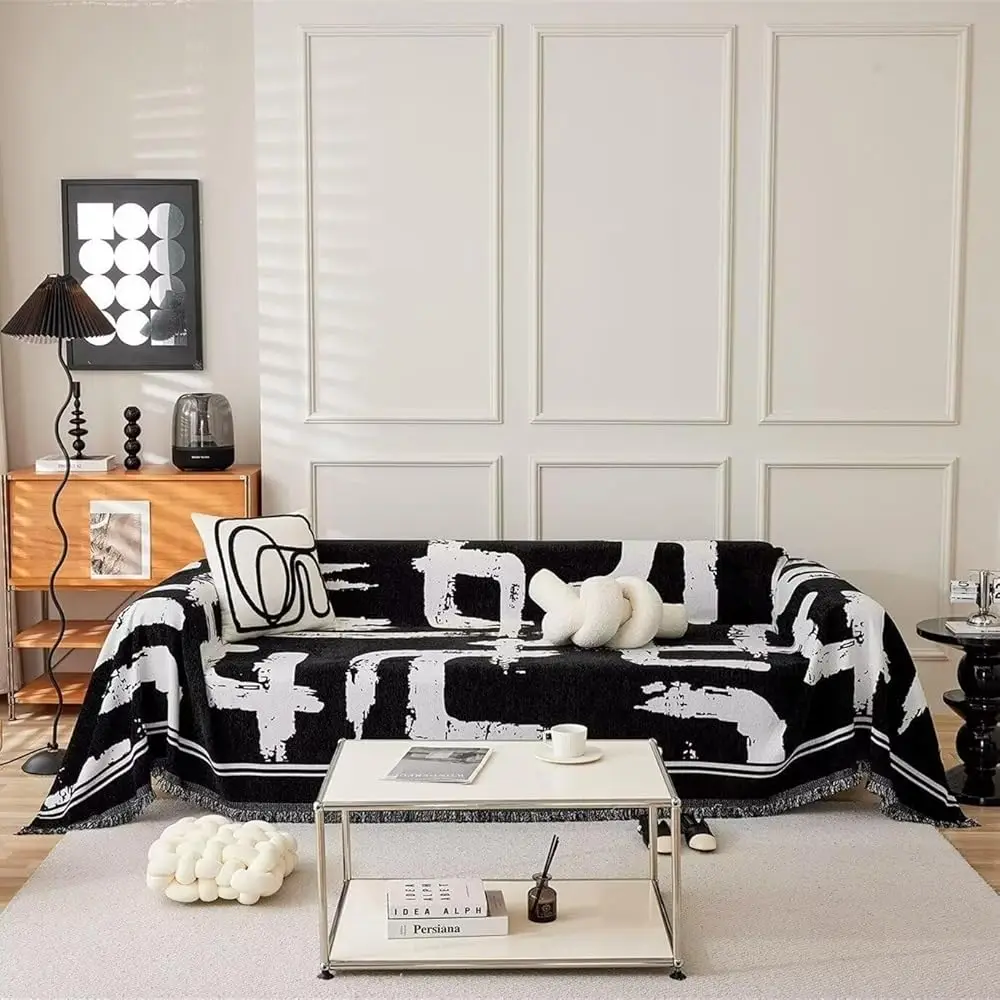 

Boho Couch Cover Bla And White Sofa Cover Thi Non-Slip Chenille Couch Cover For 3 Cushion Couch Sofa (71"" X 134"")