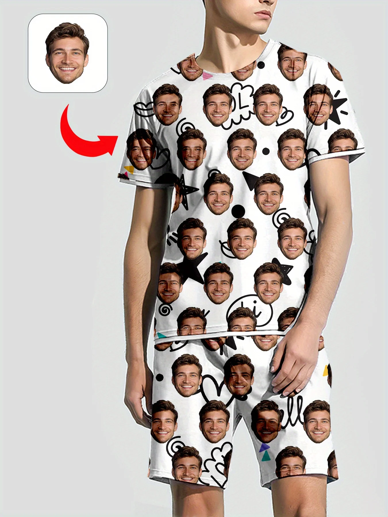Personal Photo Customize Pajamas Comfortable Loose Home Set Valentine's Day Gift Men's Women's Facial Printed T-Shirt Shorts Set