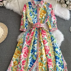 Bohemian Style Party Dress Women Lapel Short Sleeved Printed Floral Dresses Ladies Spring Summer Elegant Slim A-line Midi Robe